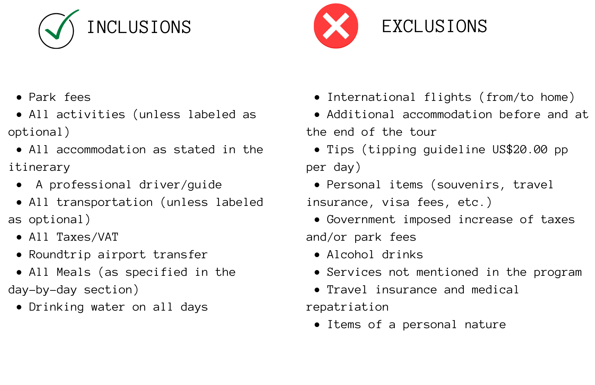 The list of inclusion on the left and exclusion on the right