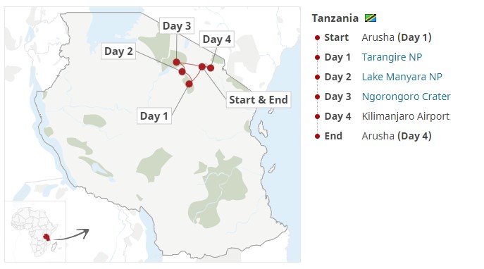 The route of four-day trip in Arusha from Tarangire and, Lake Manyara, Ngorongoro, and Kilimanjaro camping that will end in Arusha on Day 4