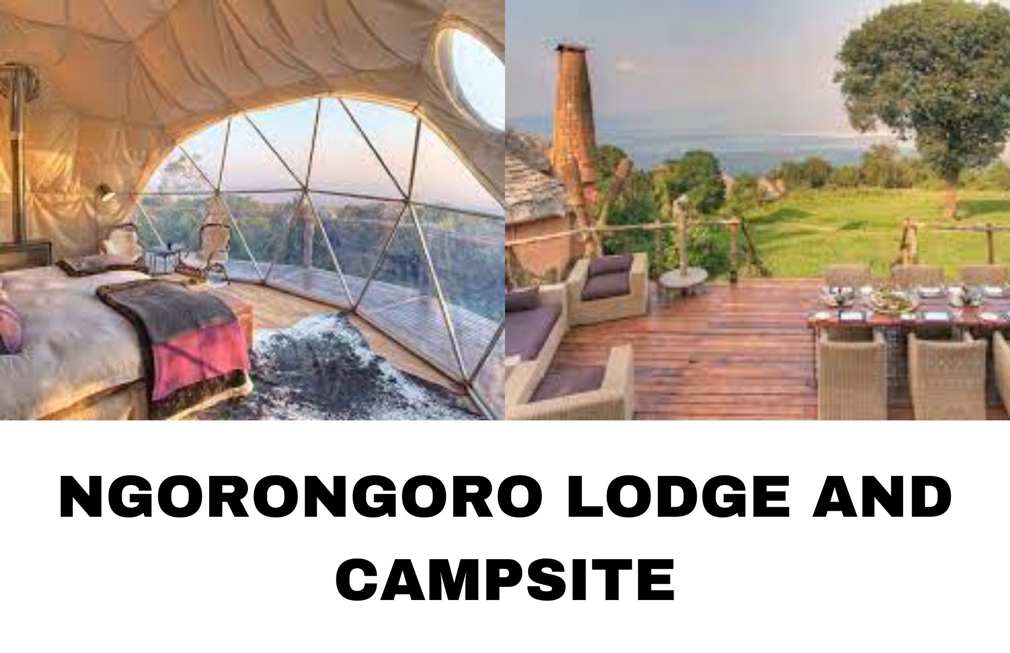 On the left is a picture of the Ngorongoro campsite, and on the right is a picture of the Ngorongoro Lodge