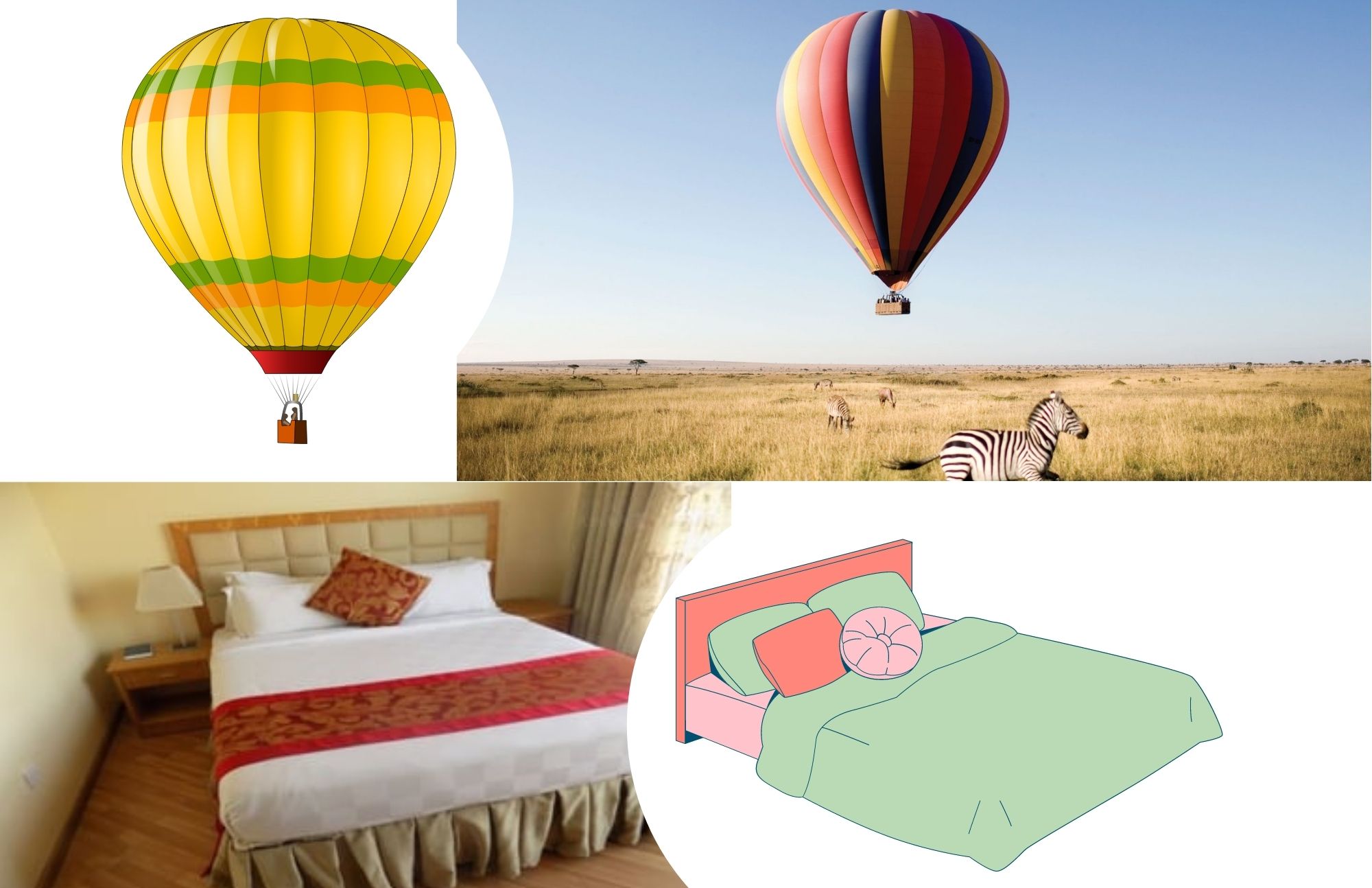 Photograph of a hot air balloon and a bed with their artwork version
