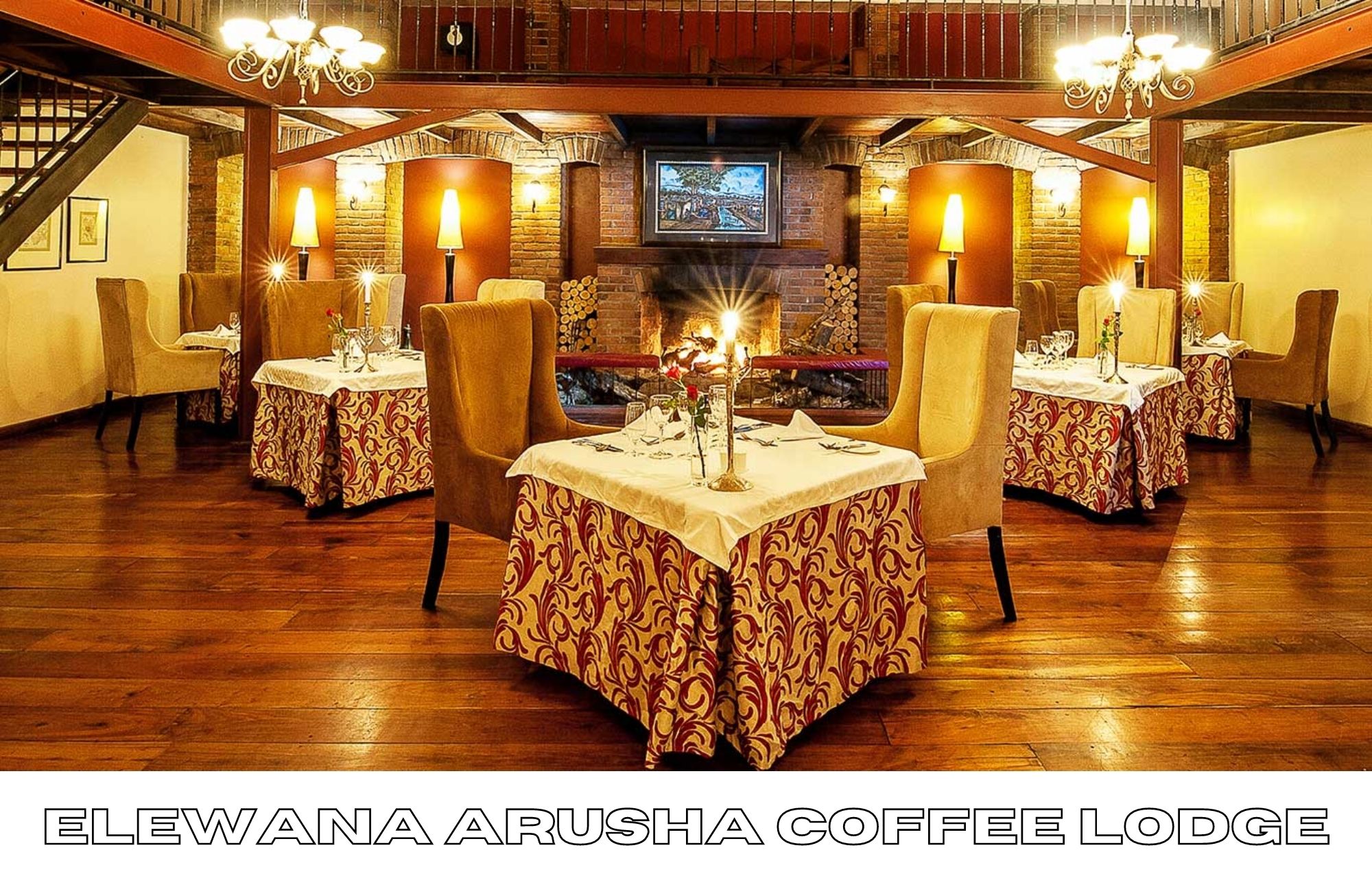 Elewana Coffee Lodge's interior features well-designed table and chairs, two chandeliers, and orange-yellow lighting