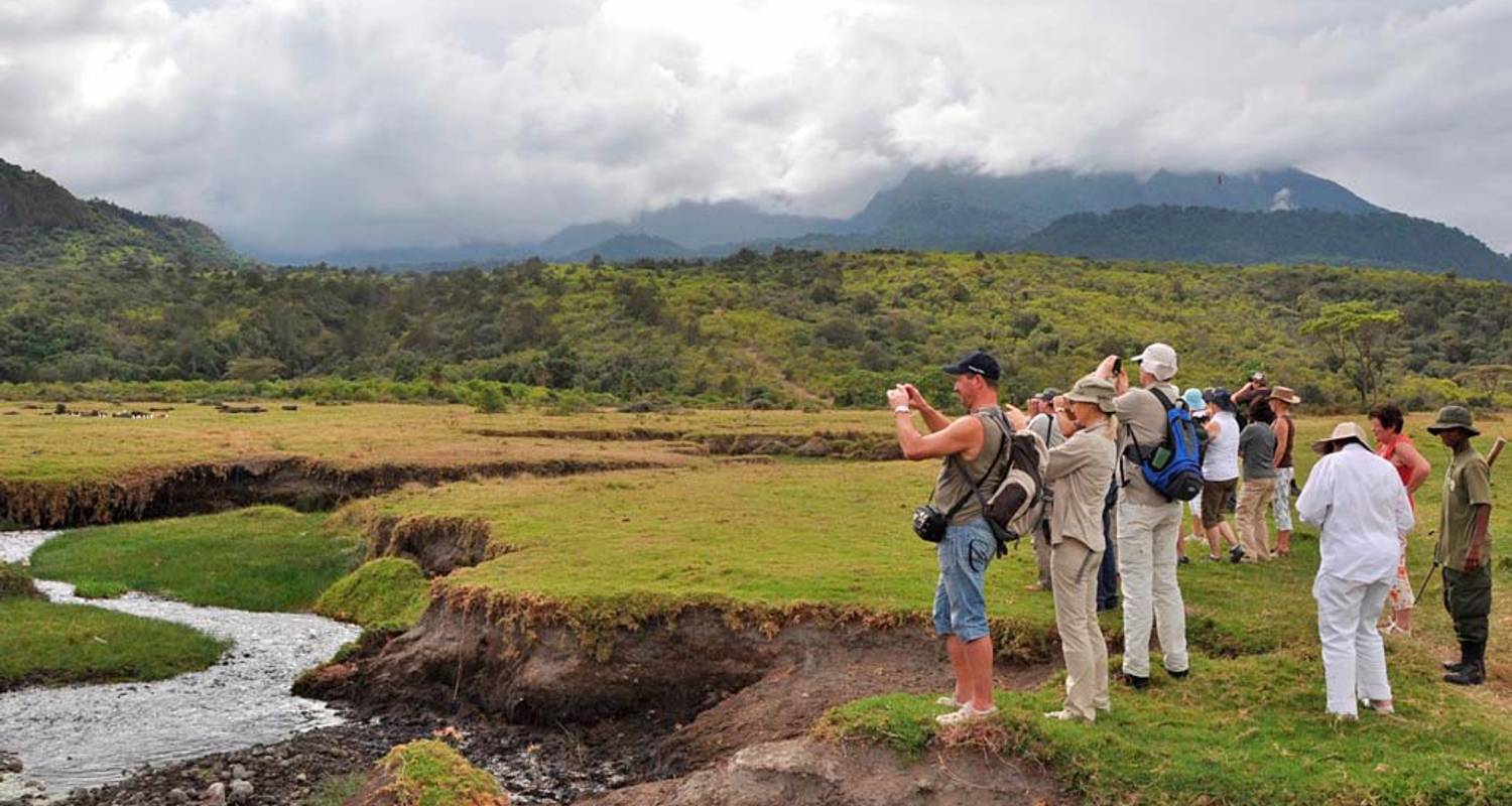 Tourists walking and taking photos in Arusha National Park