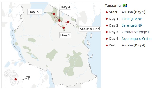 The route of four-day trip in Arusha from Tarangire and Serengeti camping that will end in Arusha on Day 4