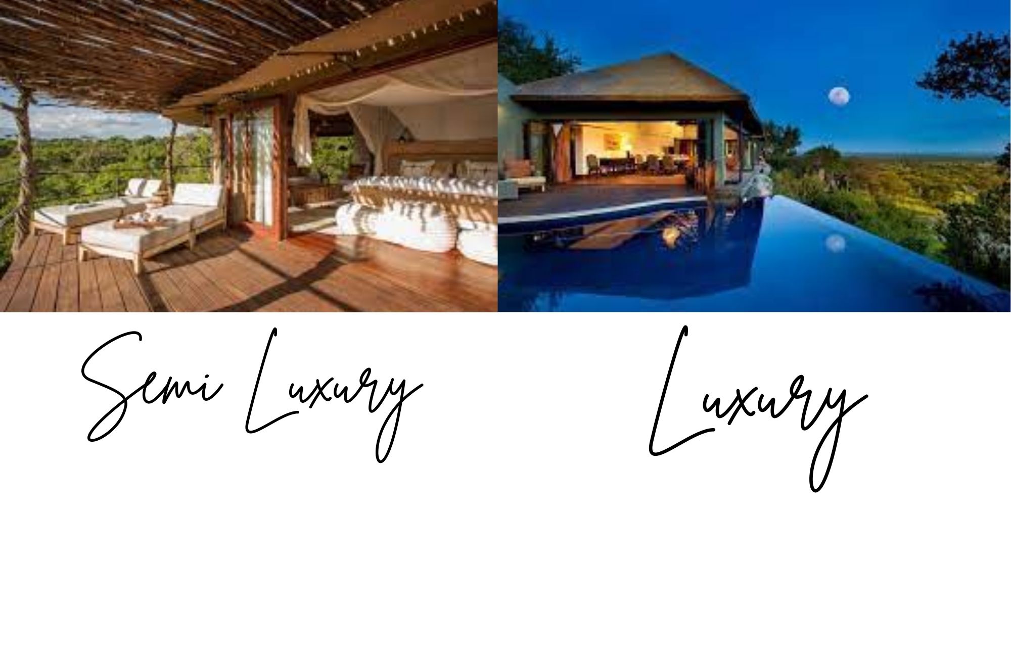 The semi-luxurious lodge on the left and the luxury lodge on the right