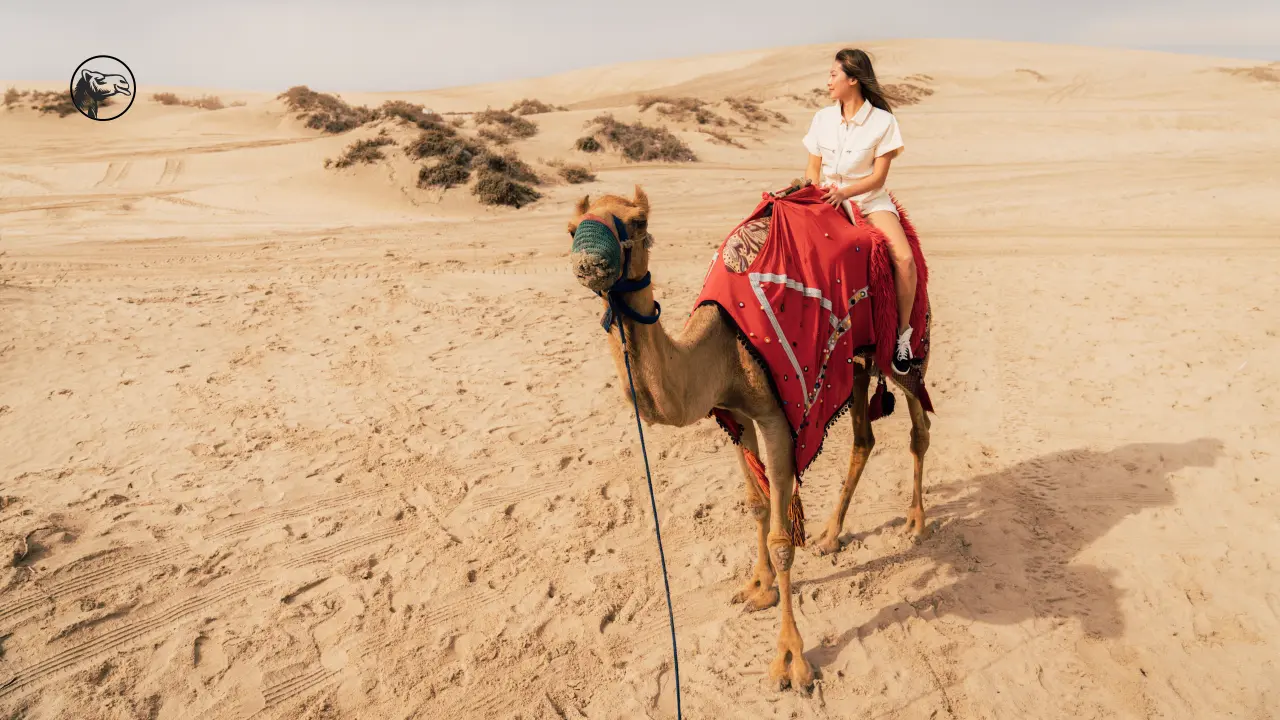 Woman riding a camel in a Sahara desert safari